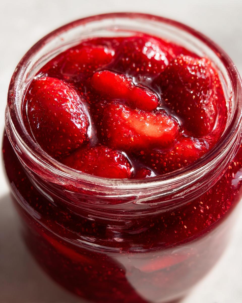 Close-up overhead view of bright red strawberry freezer jam filled with whole and halved strawberries in a glass jar.
