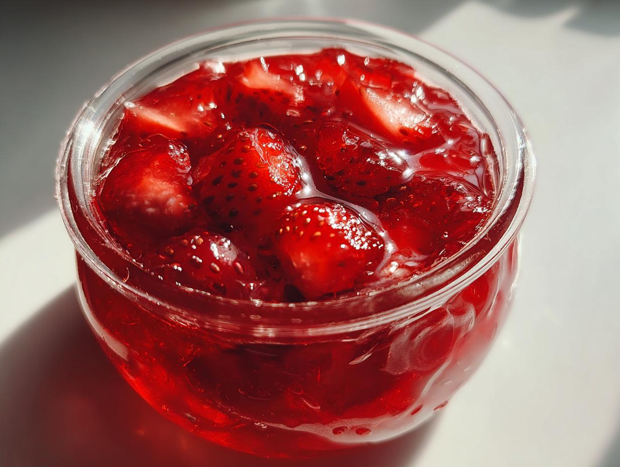 Close-up of bright red strawberry freezer jam with visible fruit chunks in a clear glass jar.