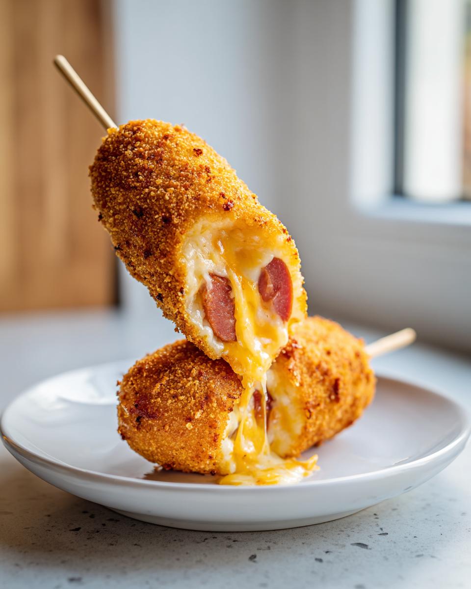 A Korean corn dog cut in half showing melted cheese stretching between the two pieces and a sausage center.