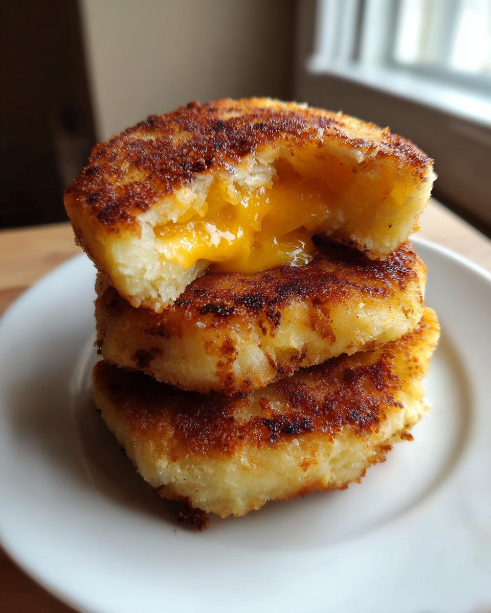 Three golden-brown, pan-fried mashed potato cakes stacked, with the top one broken open revealing melted cheddar cheese filling.