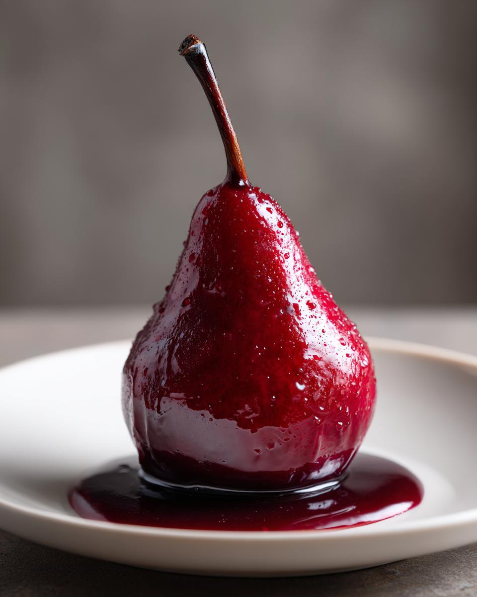A single, glossy, deep red poached pear resting in a pool of dark syrup on a white plate.