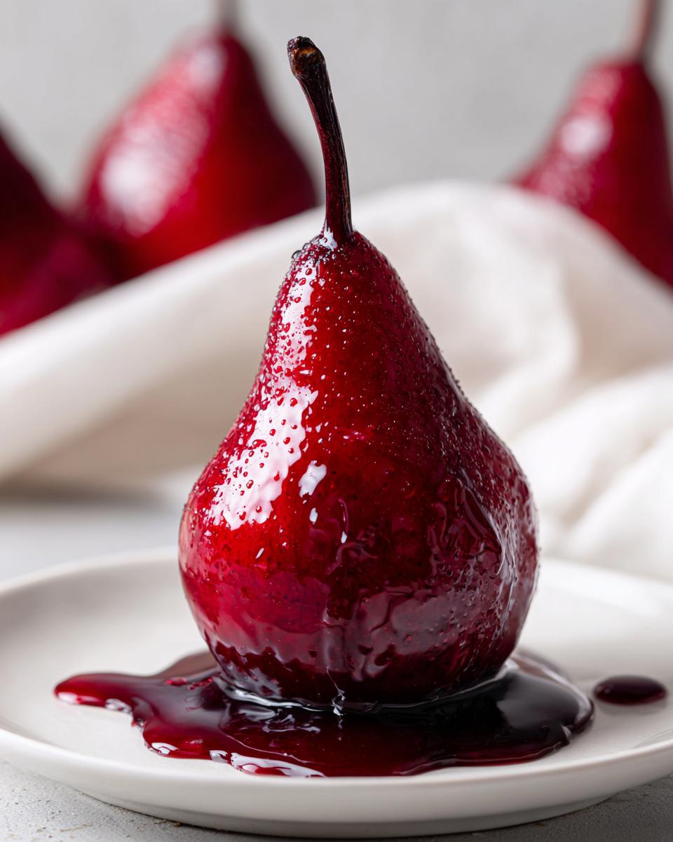 A single, glossy, deep red poached pear sitting in its syrup on a white plate.