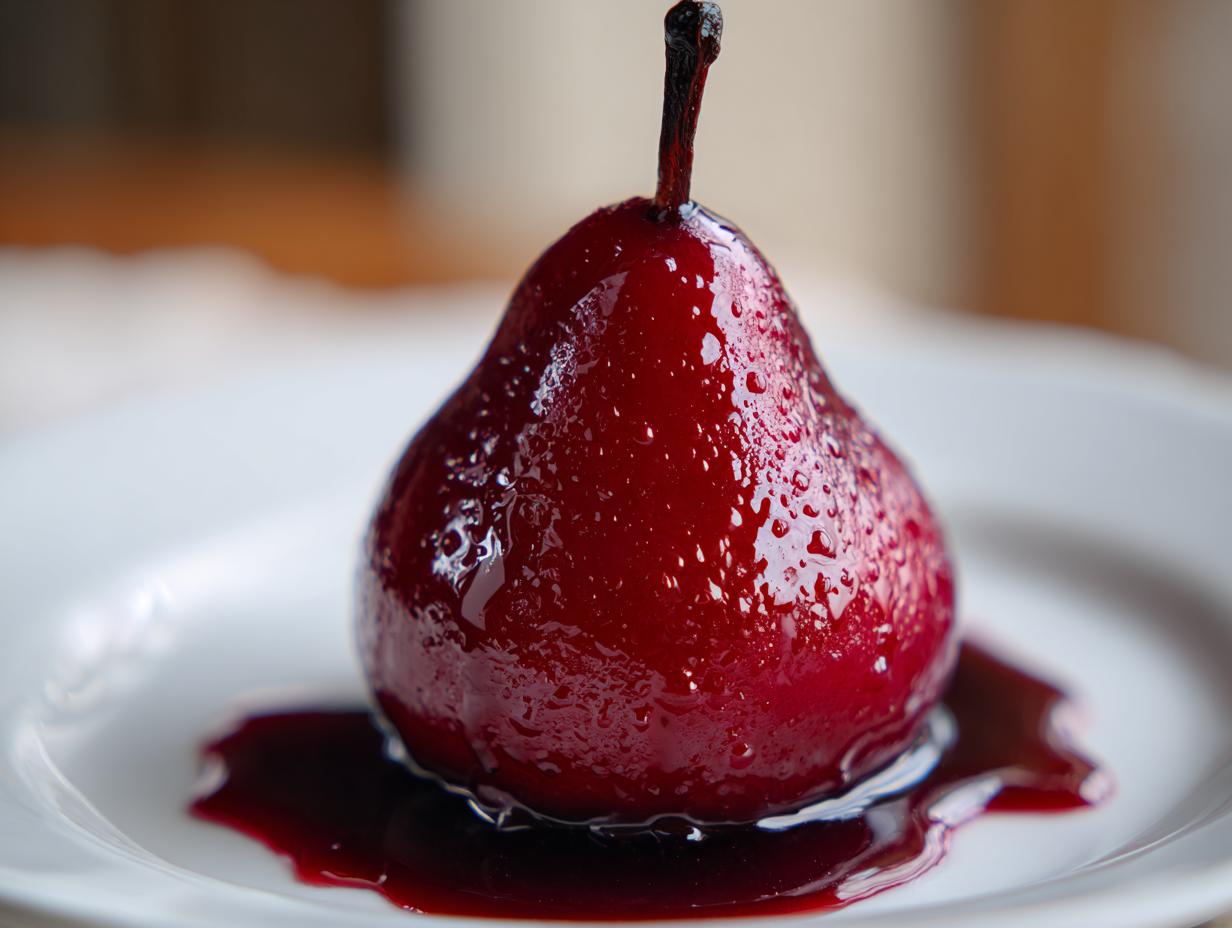 A close-up of a single, glistening, deep red poached pear sitting in its syrup on a white plate.