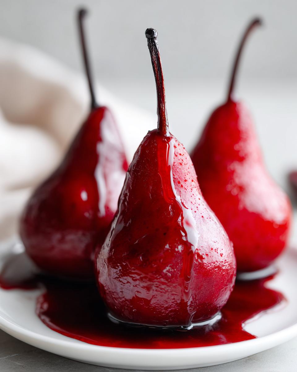 Three vibrant red poached pears dripping with syrup, served on a white plate.