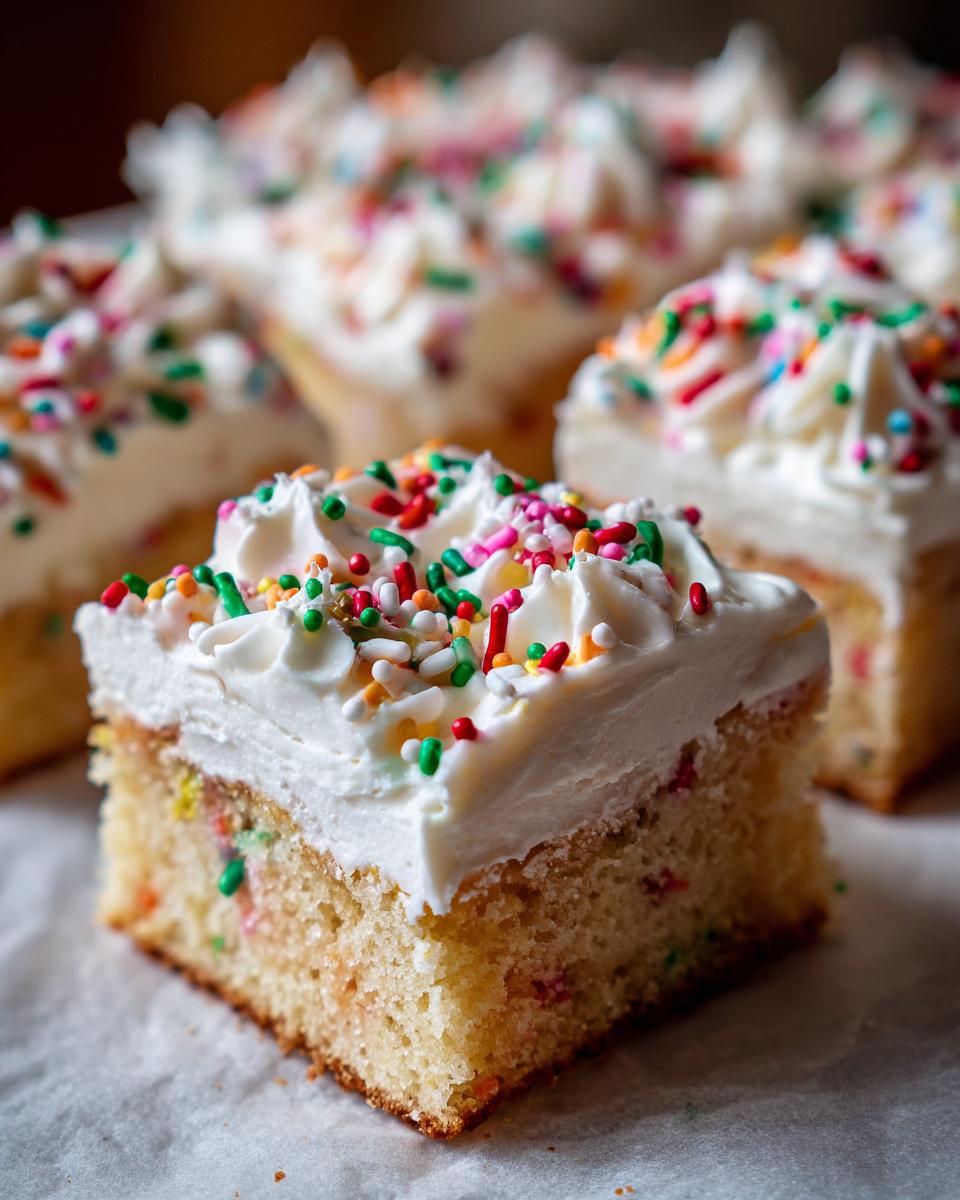A square piece of thick, frosted sugar cookie bars topped with white frosting and colorful sprinkles.