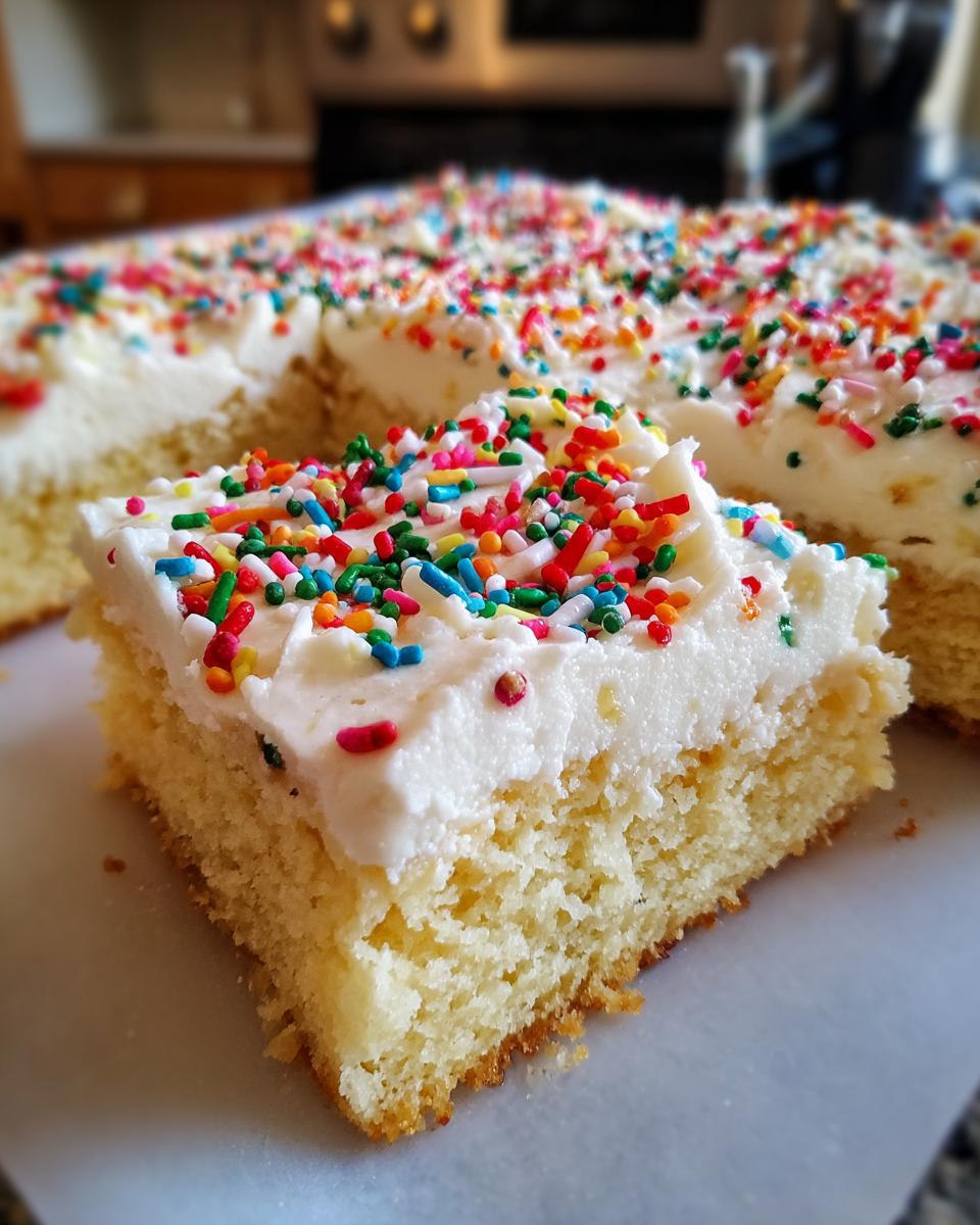 A single square slice of soft, yellow sugar cookie bars topped with thick white frosting and colorful rainbow sprinkles.