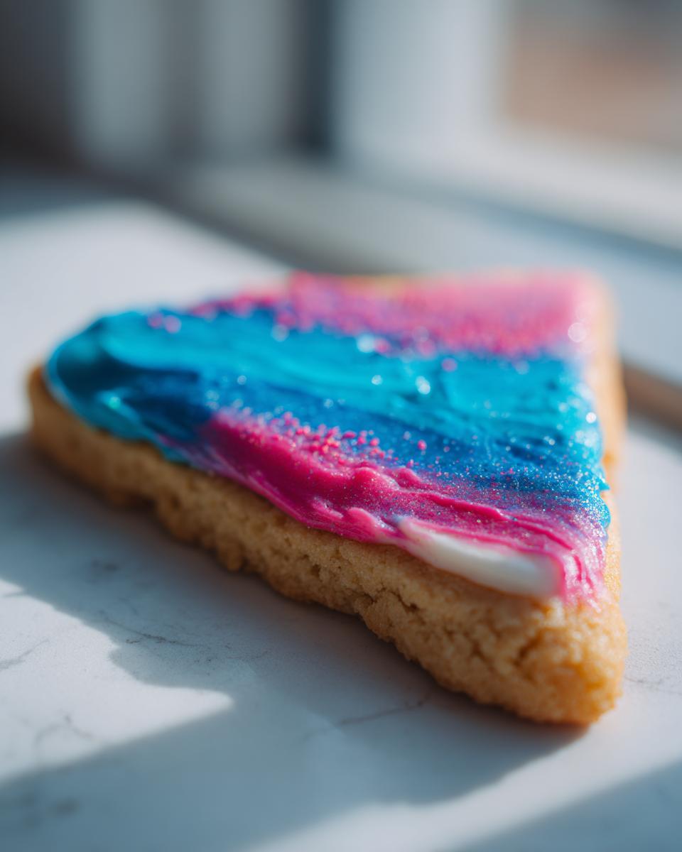 Close-up of a triangle sugar cookie topped with bright blue and pink sugar cookie icing that hardens, sprinkled with glitter.