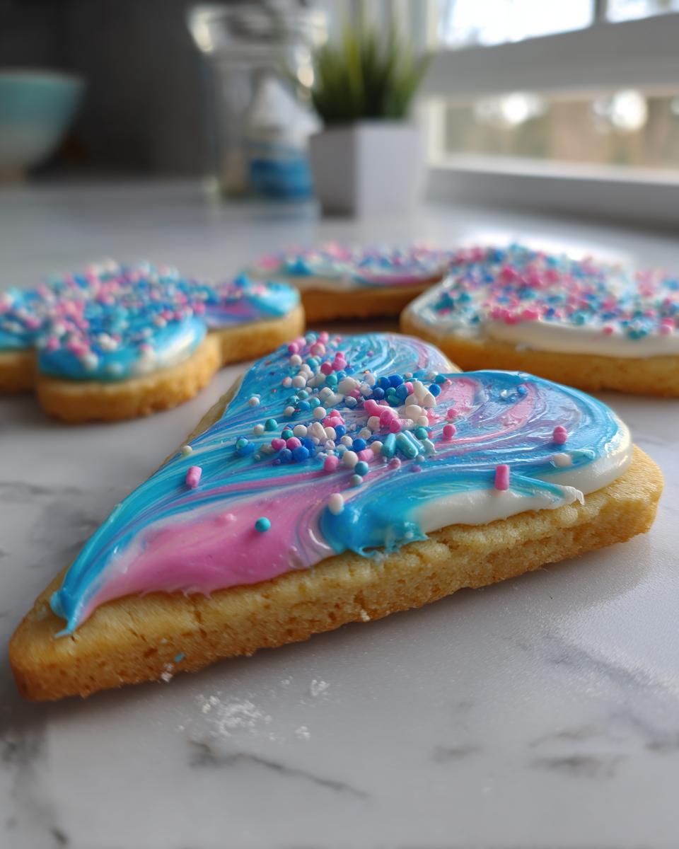 Close-up of a heart-shaped sugar cookie topped with marbled blue and pink icing that hardens, covered in sprinkles.