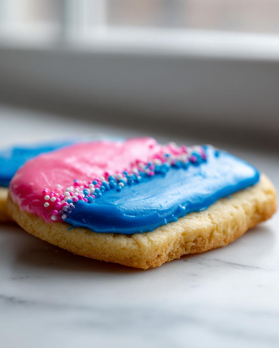 Close-up of a sugar cookie with pink and blue sugar cookie icing that hardens, decorated with sprinkles.