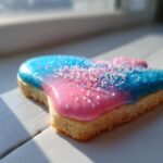Close-up of a heart-shaped sugar cookie with shiny pink and blue sugar cookie icing that hardens, topped with sprinkles.
