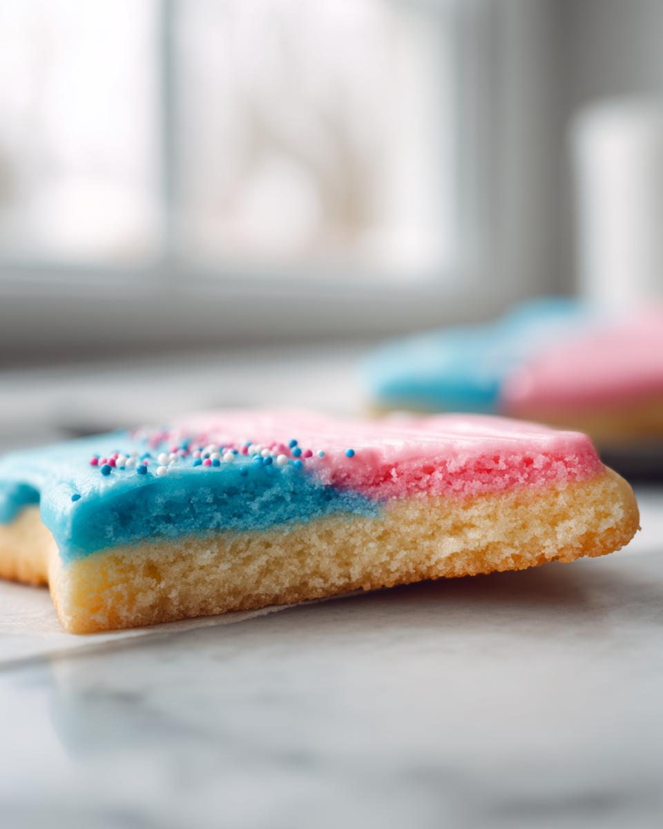 Close-up of a sugar cookie slice showing thick, two-toned pink and blue sugar cookie icing that hardens.