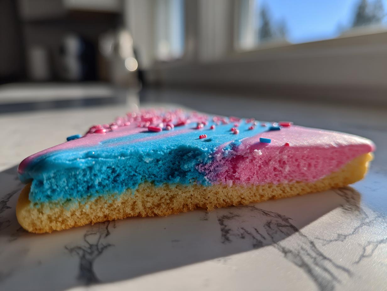 Close-up cross-section of a sugar cookie with thick, two-toned pink and blue sugar cookie icing that hardens, topped with sprinkles.