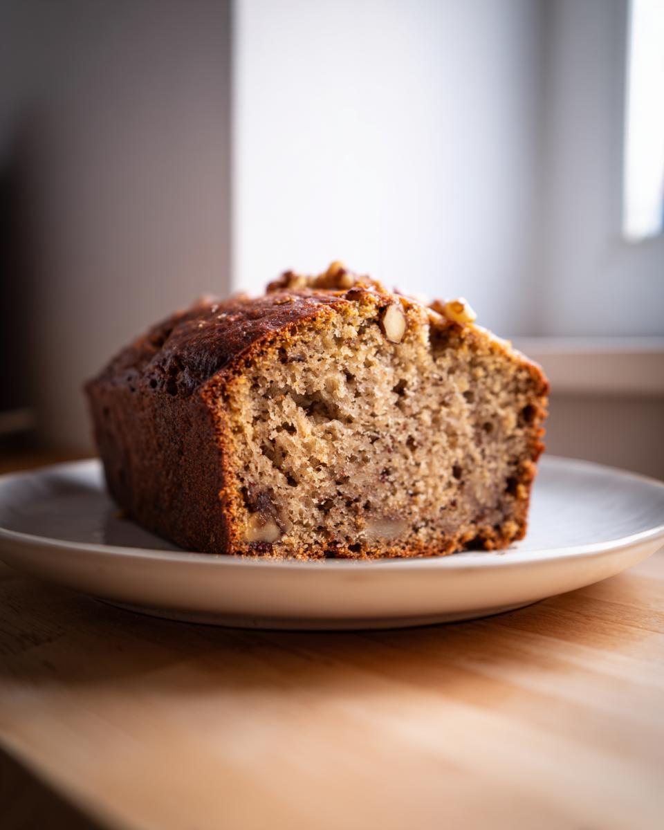 A close-up view of a moist slice of sugar free banana bread topped with walnuts on a white plate.