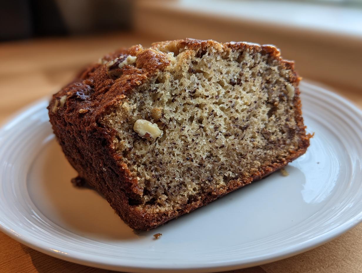Close-up of a thick slice of moist sugar free banana bread showing the crumb texture and visible walnuts.