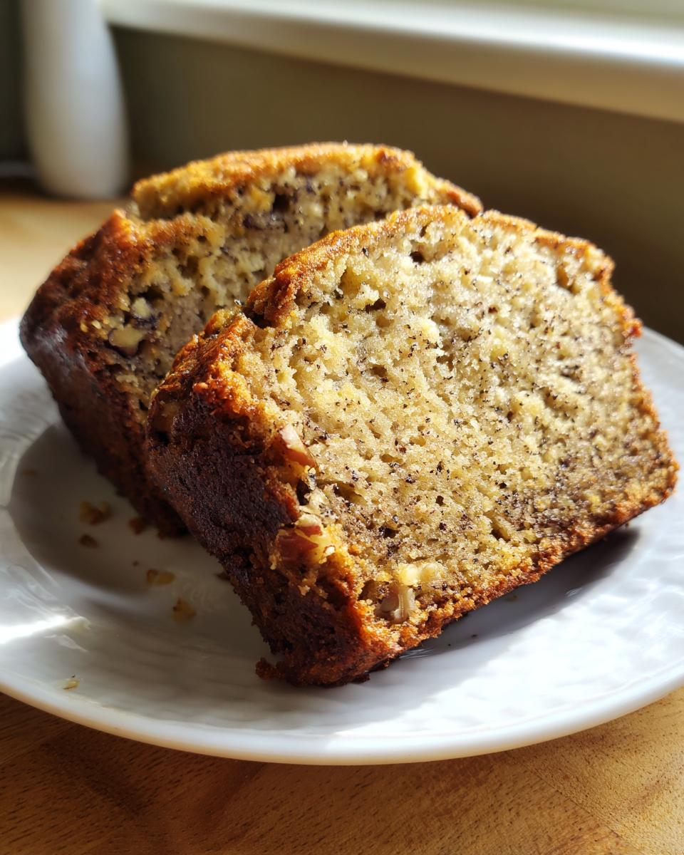 Two thick slices of moist sugar free banana bread showing visible banana flecks and walnuts on a white plate.