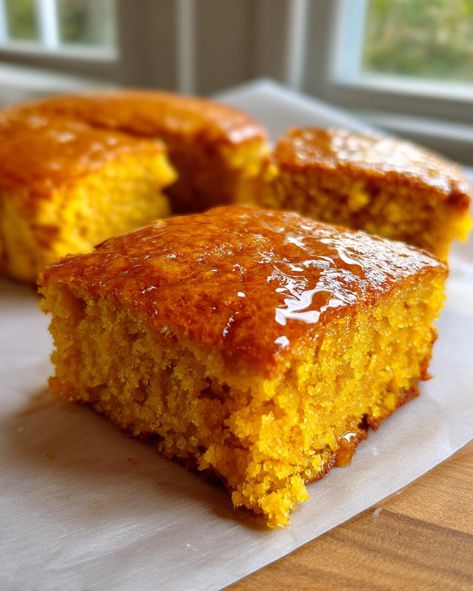 Close-up of a square slice of vibrant orange sweet potato cornbread topped with a shiny glaze.
