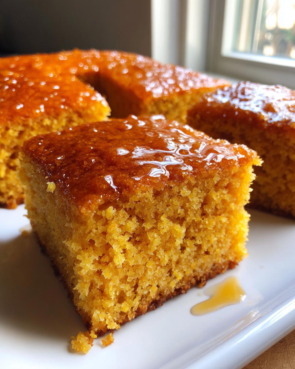 Close-up of a square slice of moist, orange-hued sweet potato cornbread topped with a shiny glaze.