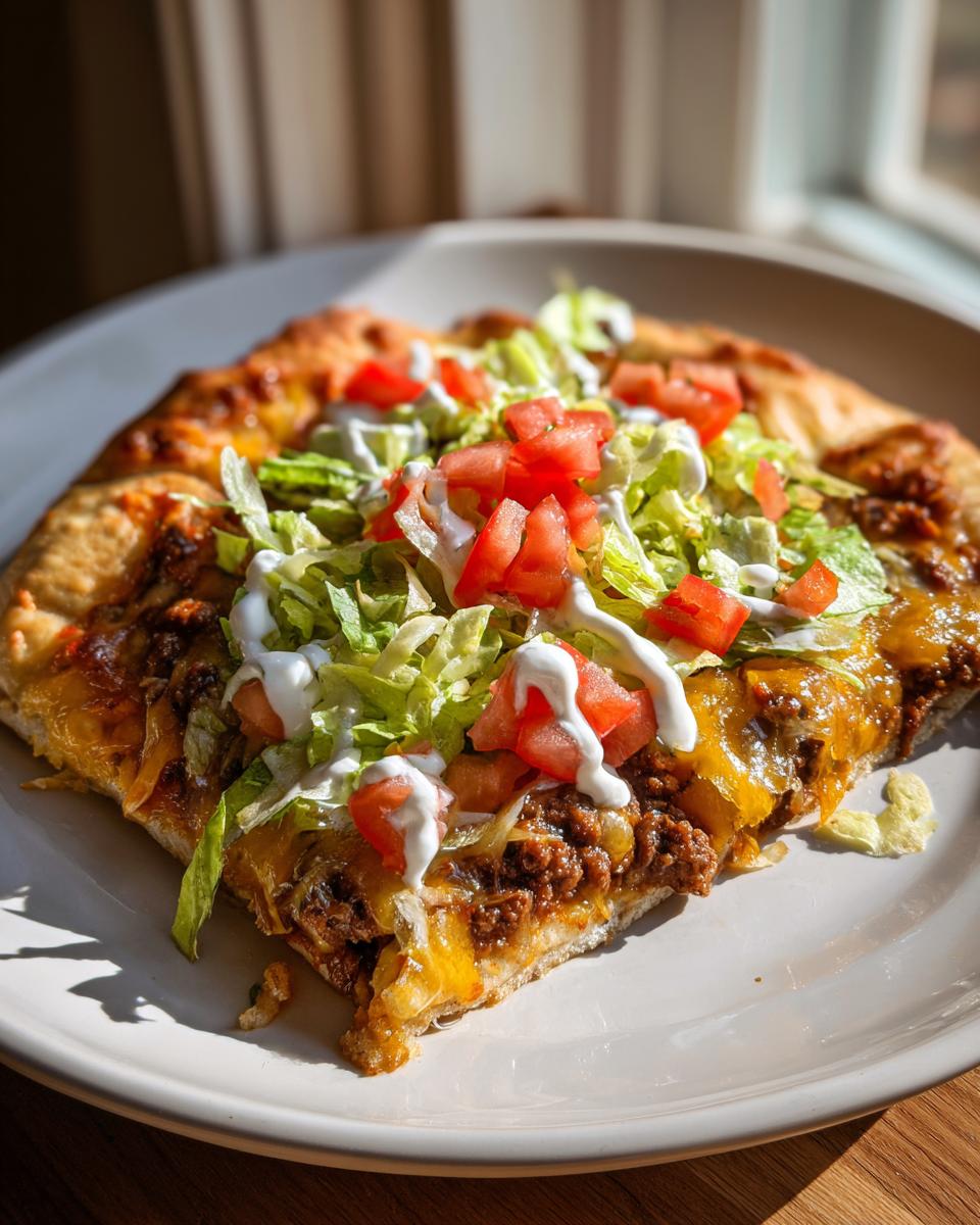 A close-up slice of homemade taco pizza topped with seasoned beef, cheese, lettuce, tomatoes, and sour cream.