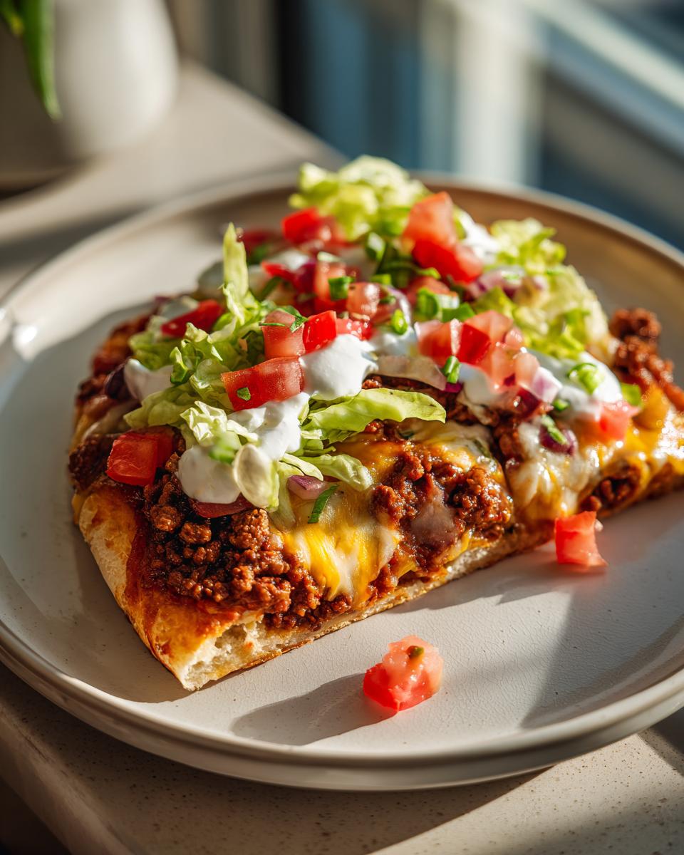A close-up slice of homemade taco pizza topped with seasoned ground beef, melted cheese, lettuce, tomatoes, and sour cream.