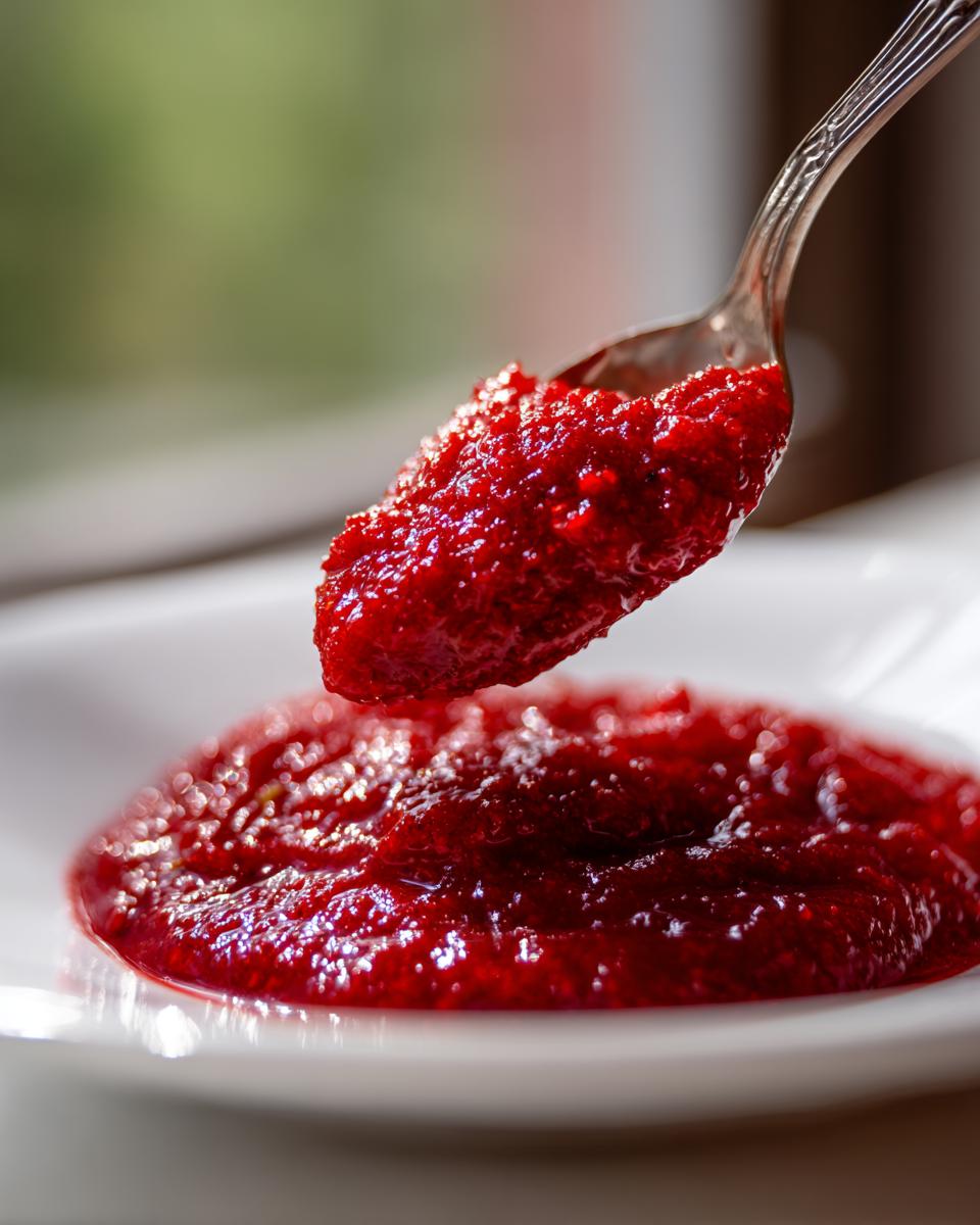 A spoonful of thick, vibrant red, textured pizza sauce being lifted above a dollop on a white plate.
