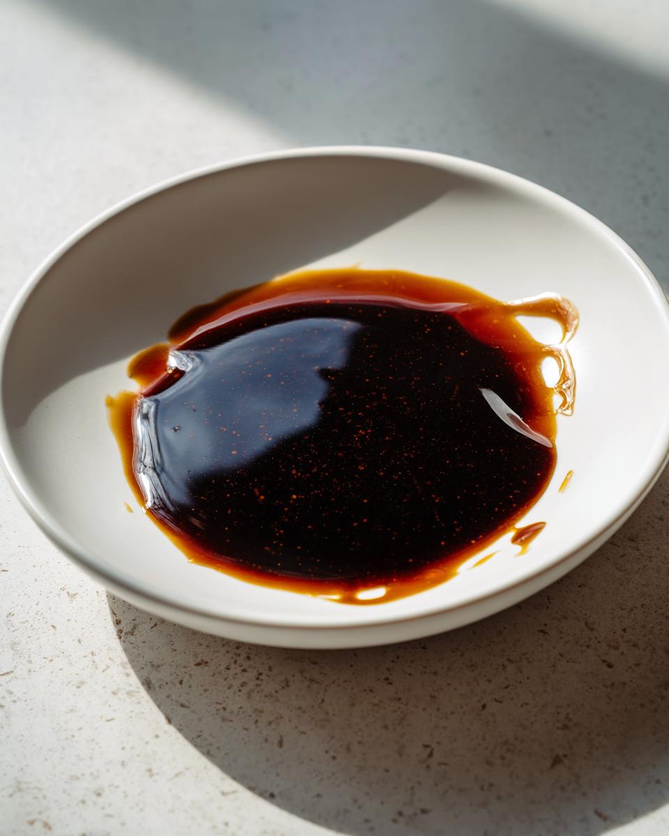 A close-up of thick, glossy homemade teriyaki sauce pooled in a small white bowl.