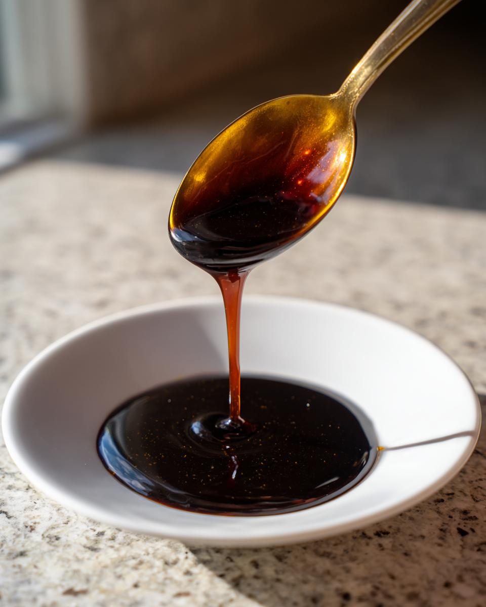 A golden spoon drips thick, dark homemade teriyaki sauce into a small white bowl.