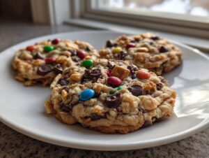 Close-up of three freshly baked kitchen sink cookies loaded with chocolate chips and colorful candies on a white plate.