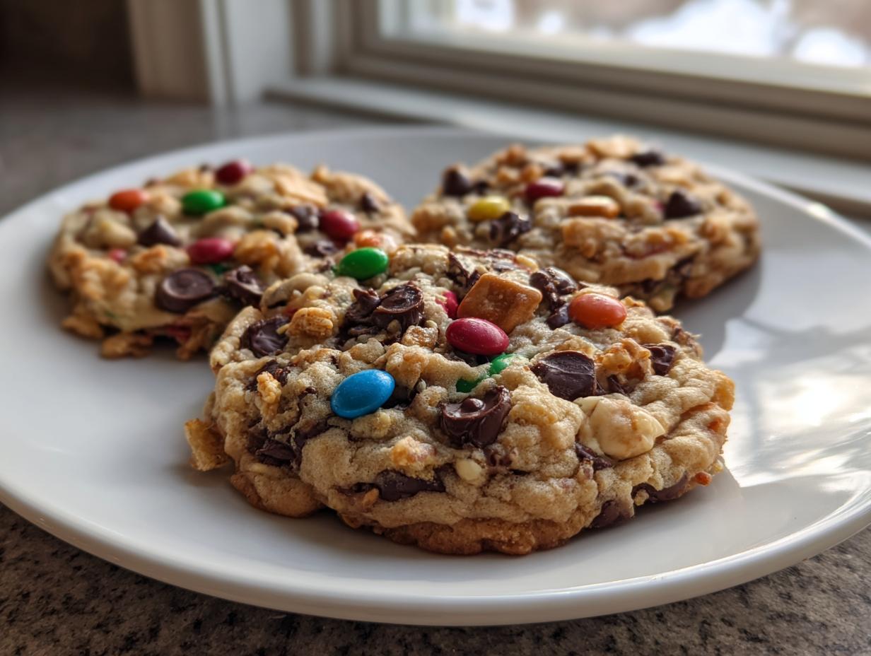 Close-up of three freshly baked kitchen sink cookies loaded with chocolate chips and colorful candies on a white plate.
