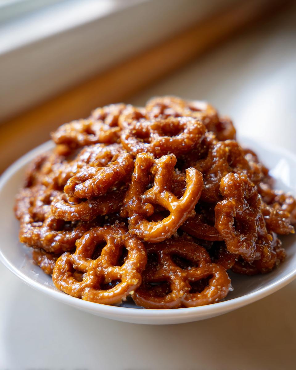 A white bowl overflowing with homemade, glossy toffee pretzels, glistening under natural light.
