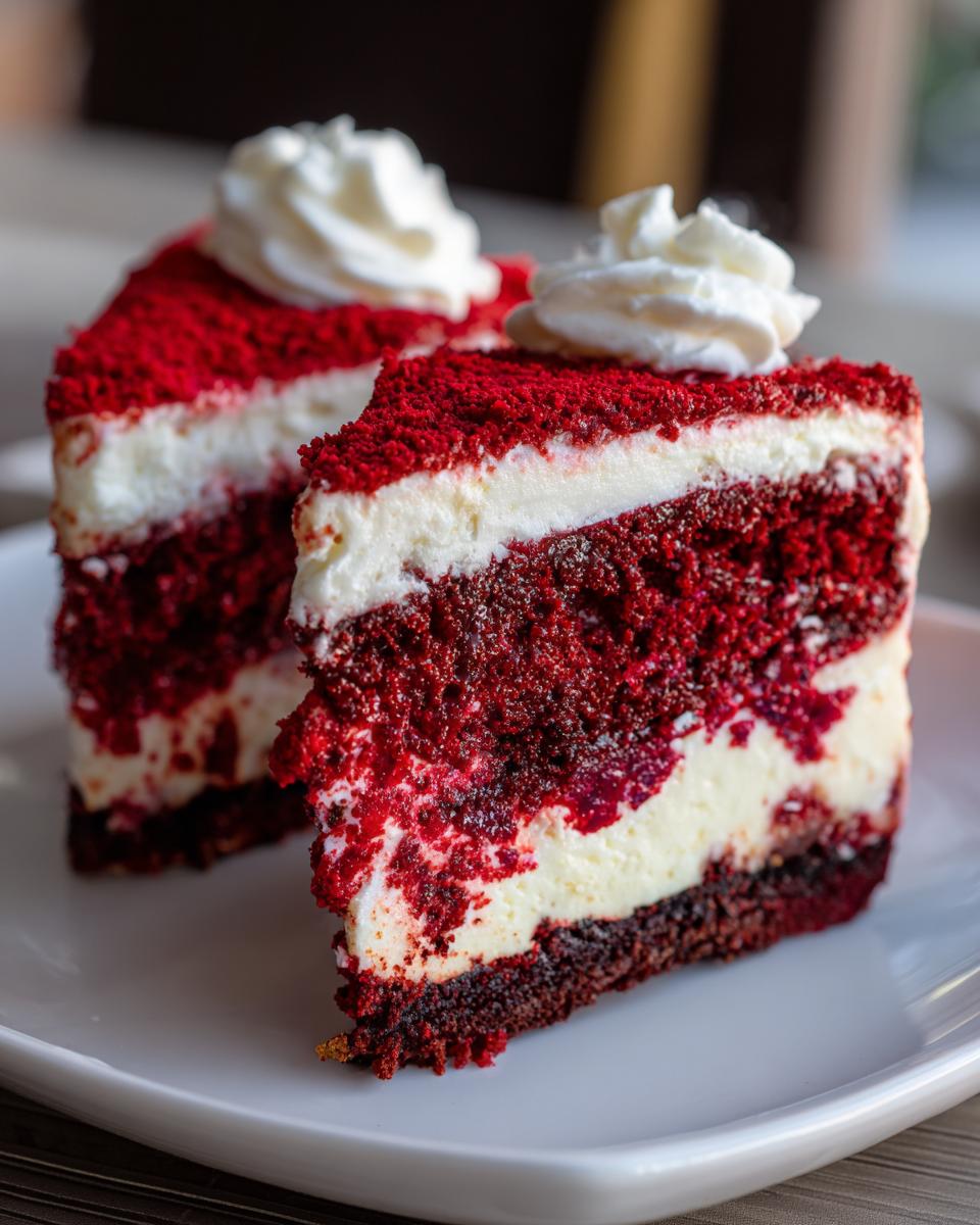 Two decadent slices of layered red velvet cheesecake topped with whipped cream served on a white plate.