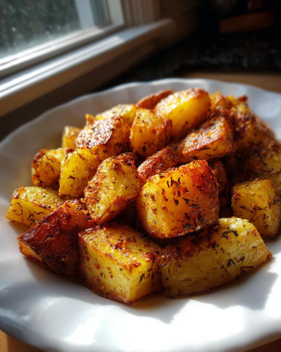 A close-up of golden brown, perfectly seasoned breakfast potatoes piled high on a white plate near a sunlit window.