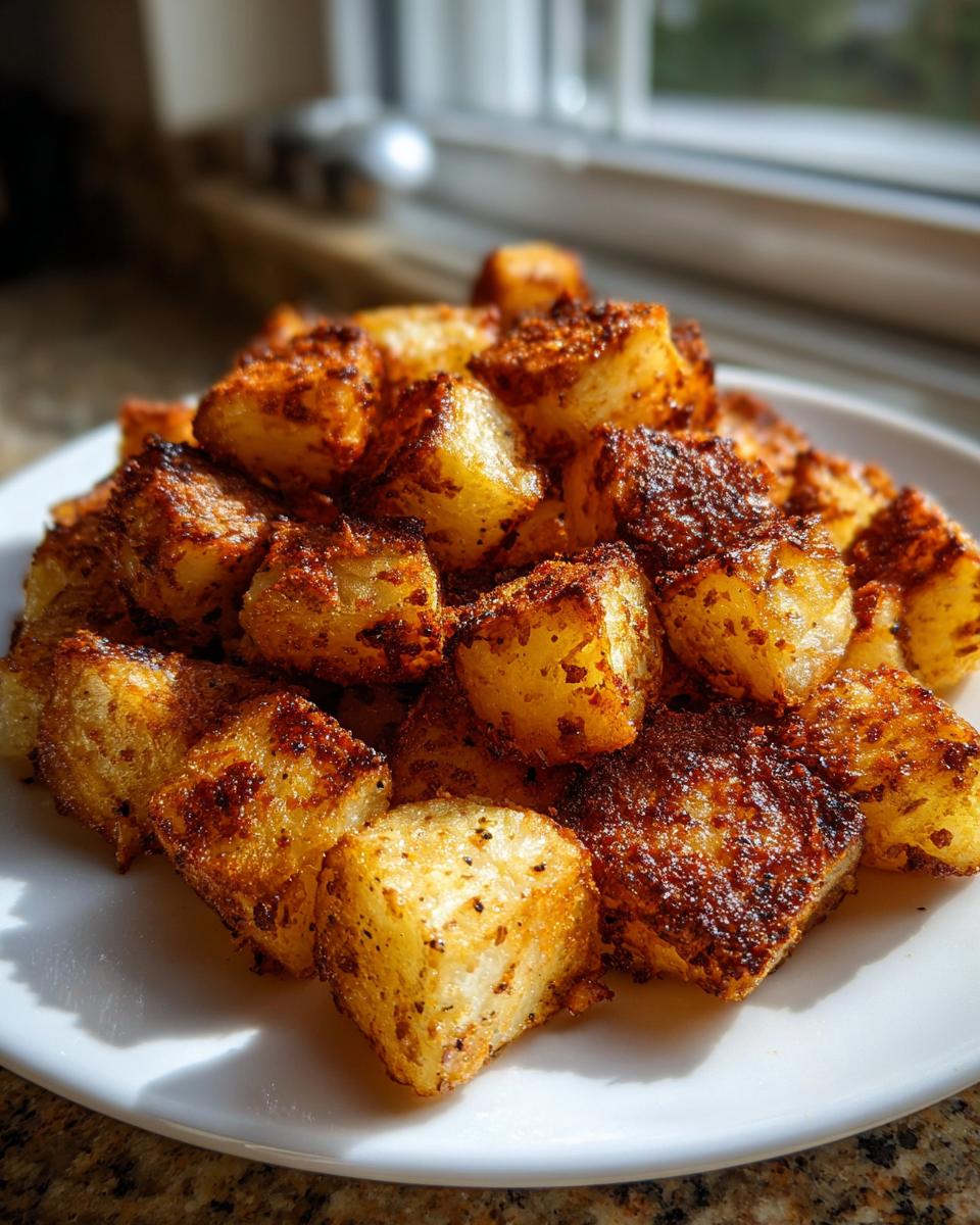 A mound of golden brown, crispy seasoned breakfast potatoes piled high on a white plate.