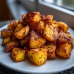 A close-up of a mound of perfectly golden and crispy breakfast potatoes seasoned with herbs, served on a white plate.