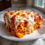 A generous, cheesy slice of baked ziti or pasta bake covered in melted mozzarella and rich tomato sauce.