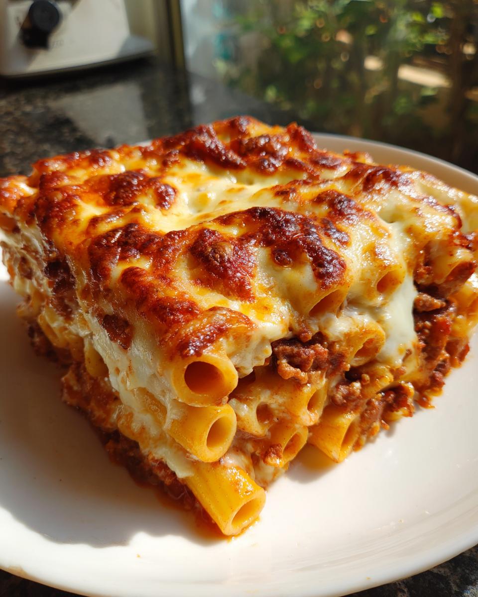 A close-up serving of cheesy pasta bake featuring rigatoni pasta, meat sauce, and a deeply browned, bubbly mozzarella topping.