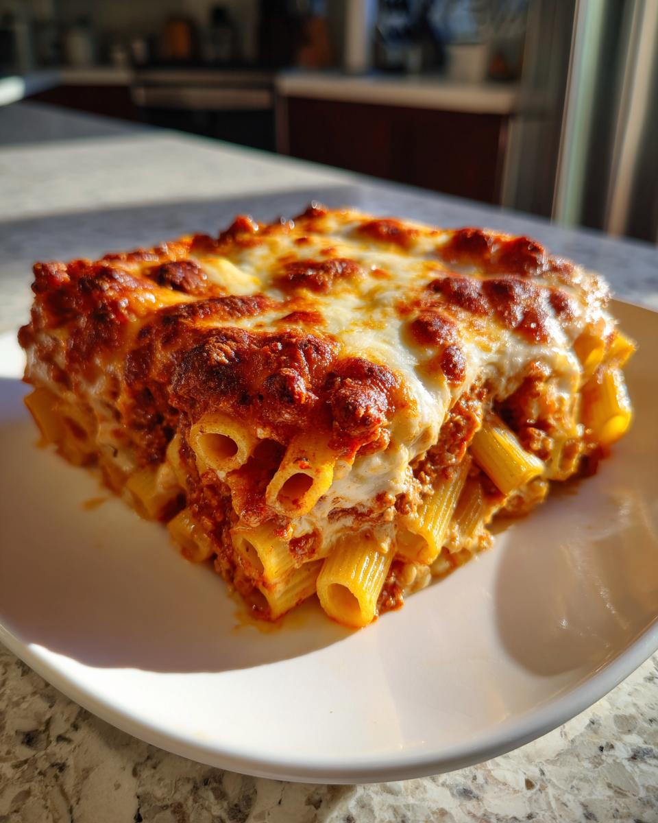 A hearty square slice of Ultimate Cheesy pasta bake featuring rigatoni pasta, rich meat sauce, and a bubbly, browned cheese topping.