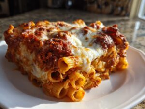 Close-up of a hearty slice of Ultimate Cheesy pasta bake, featuring baked rigatoni pasta, rich sauce, and melted mozzarella cheese.
