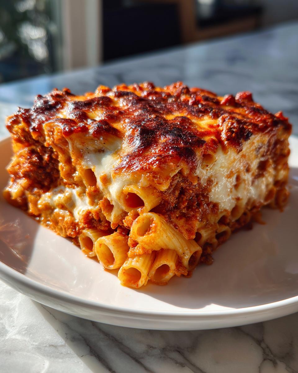 A thick, square slice of ultimate cheesy pasta bake with rigatoni pasta, rich sauce, and a bubbly, browned cheese topping.