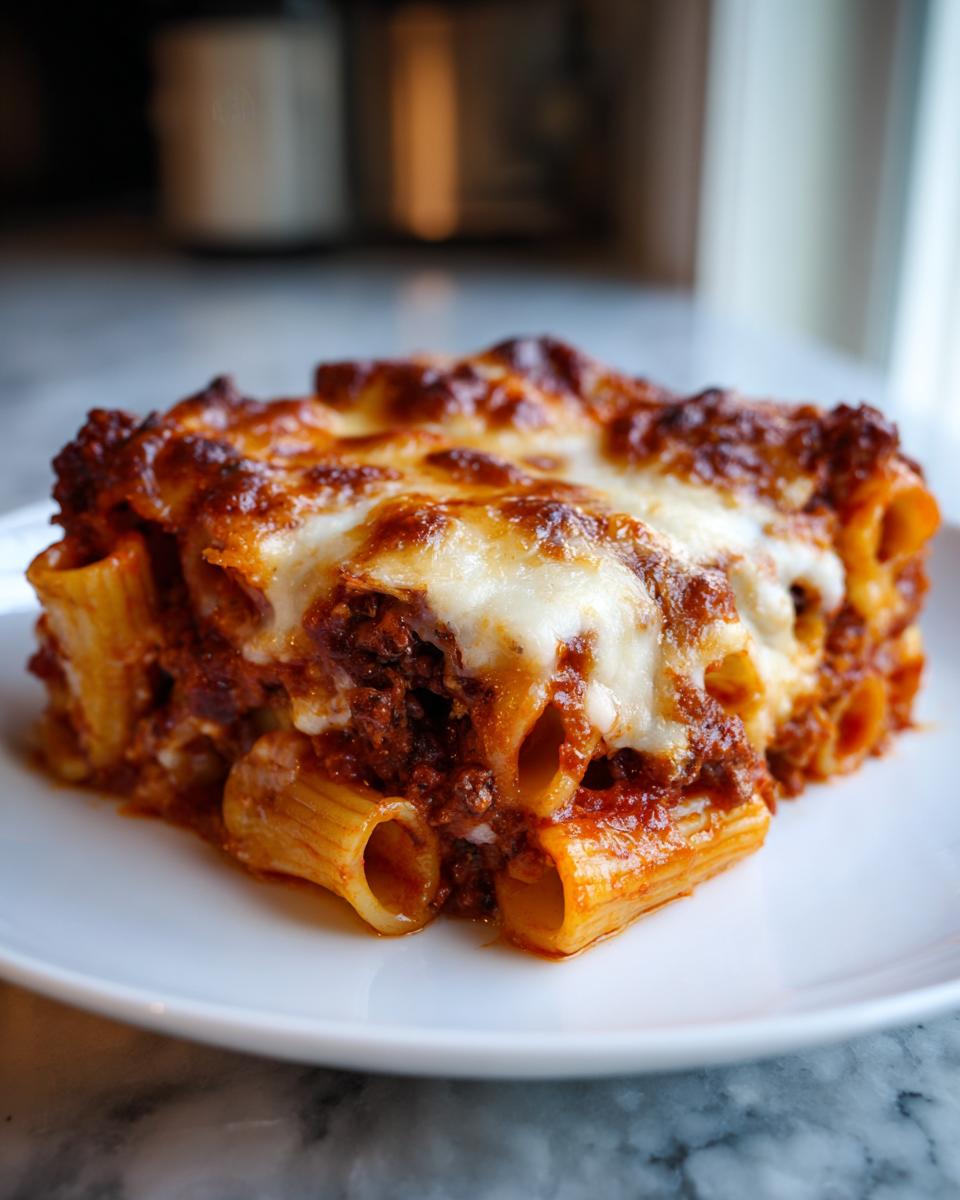 A generous slice of Ultimate Cheesy pasta bake featuring rigatoni pasta, rich meat sauce, and a bubbly, browned cheese topping.