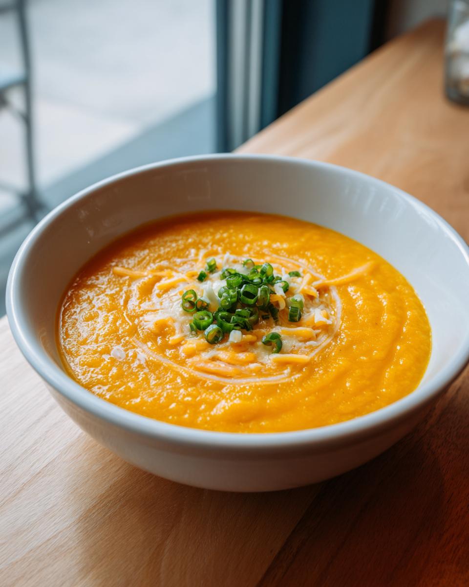 A vibrant orange cauliflower soup topped with shredded cheese and fresh green chives in a white bowl.