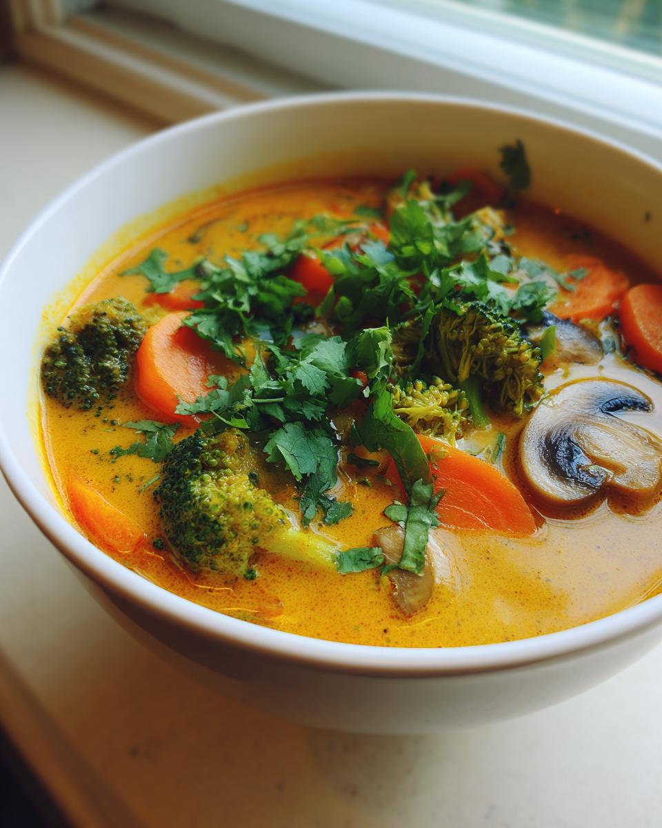 Close-up of a vibrant bowl of coconut curry soup filled with broccoli, sliced carrots, mushrooms, and topped with fresh cilantro.