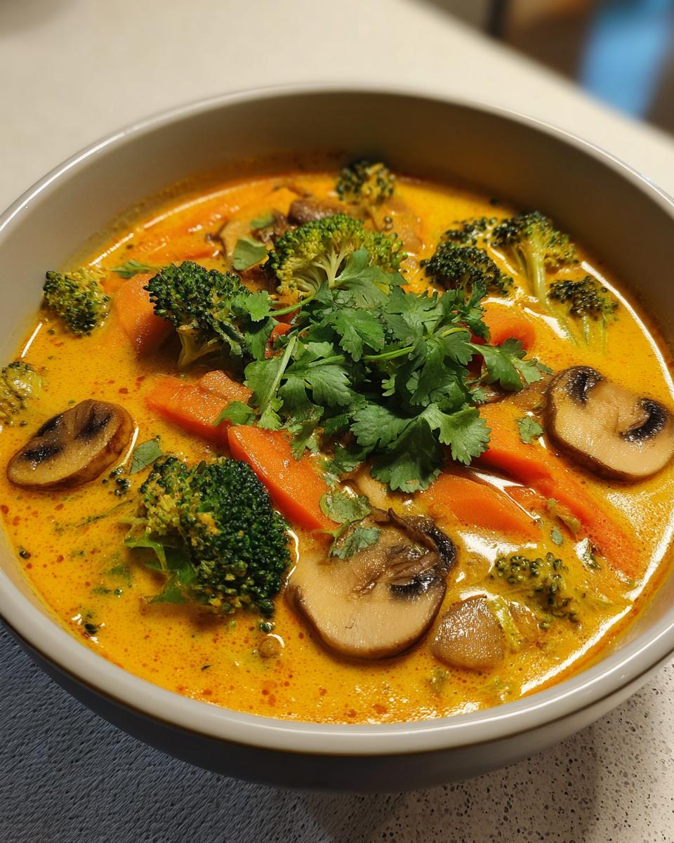 Close-up of a bowl of rich, yellow coconut curry soup filled with broccoli florets, sliced carrots, mushrooms, and fresh cilantro.