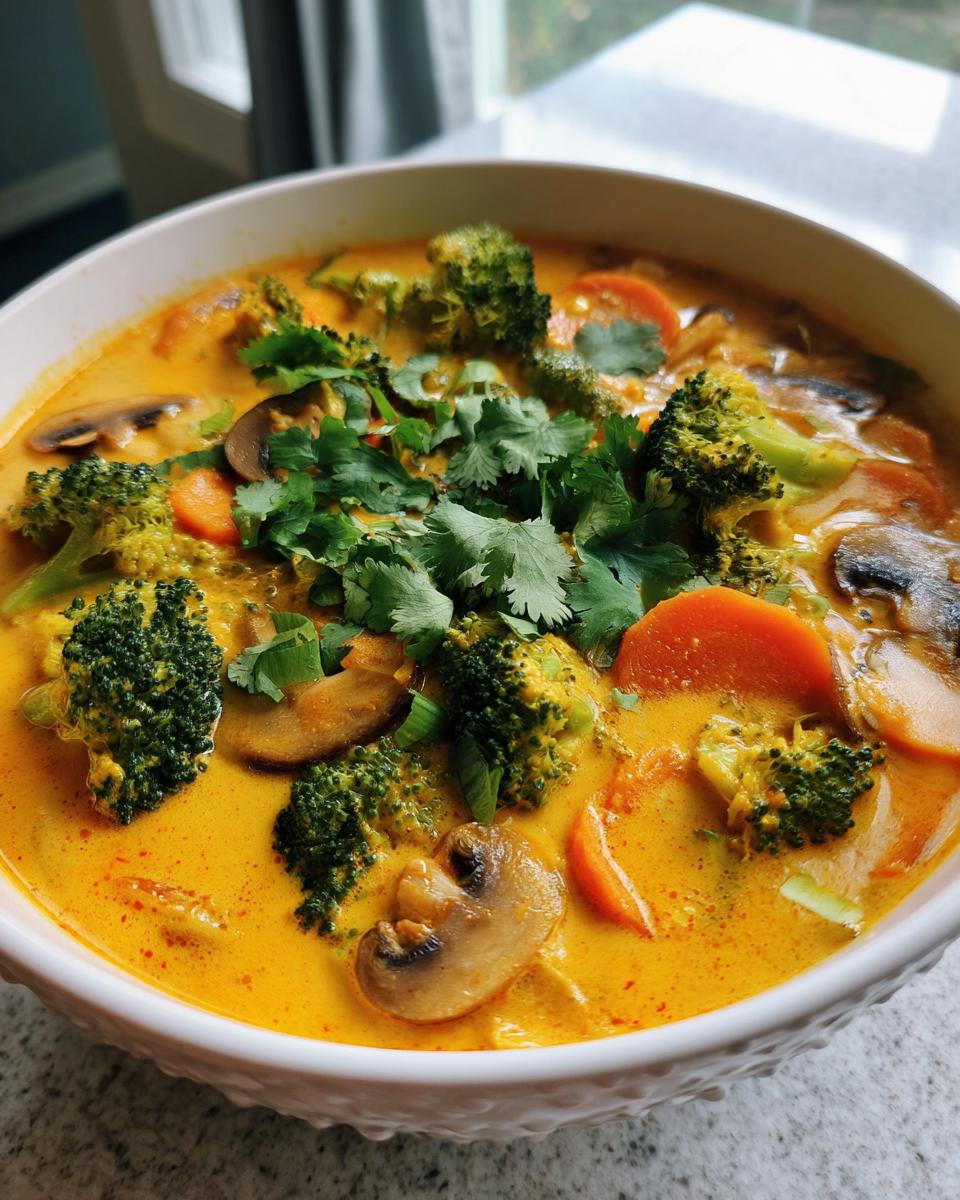 Close-up of a bright yellow coconut curry soup filled with broccoli florets, sliced carrots, mushrooms, and topped with fresh cilantro.