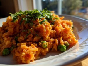 Close-up of bright orange Spanish rice mixed with green peas, topped with fresh cilantro.