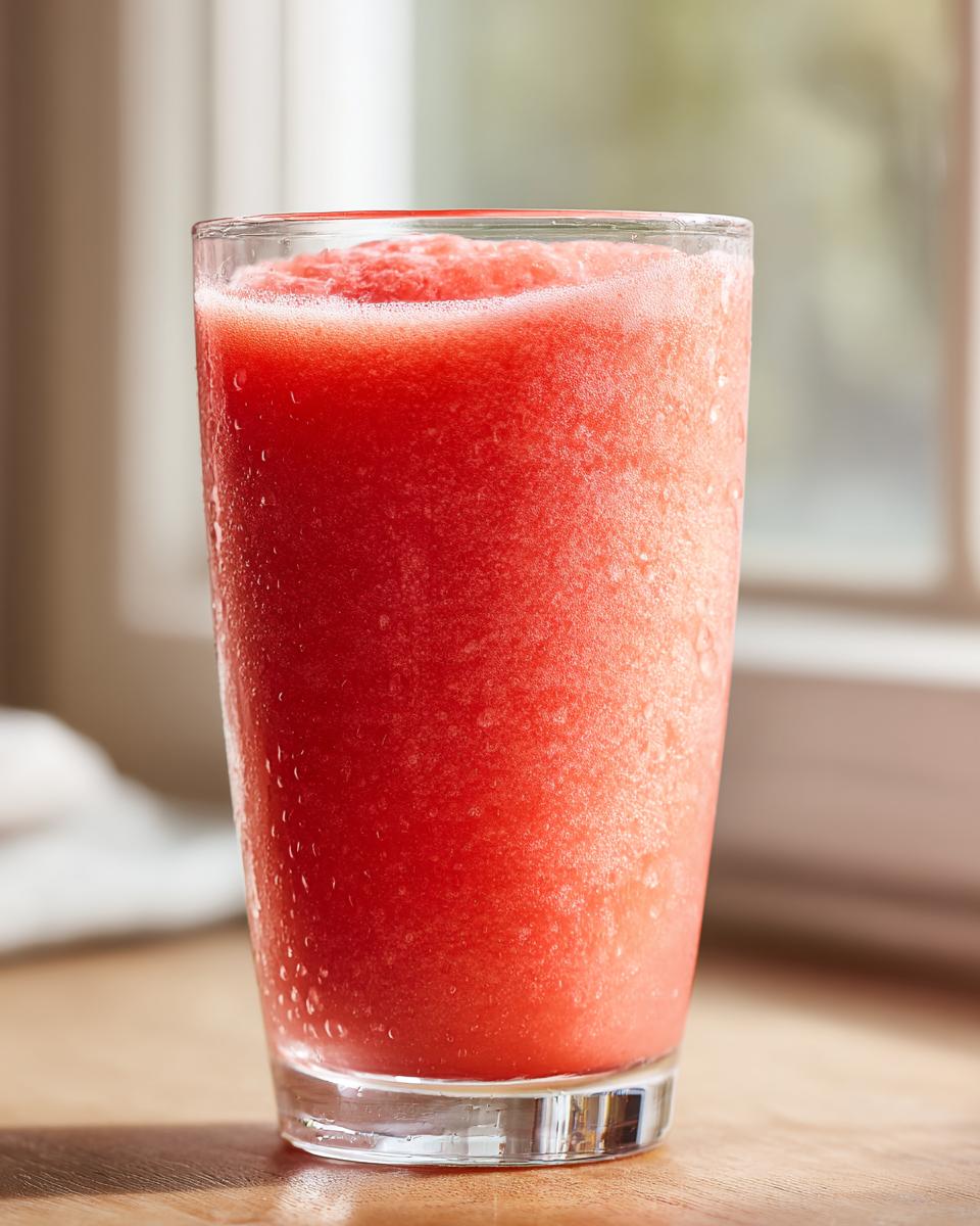 A tall glass filled with a vibrant, icy watermelon smoothie, showing condensation droplets on the glass.