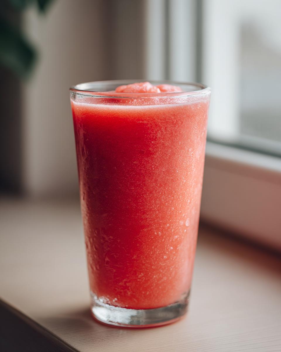 Close-up of a vibrant, icy watermelon smoothie in a tall glass, condensation visible on the exterior.