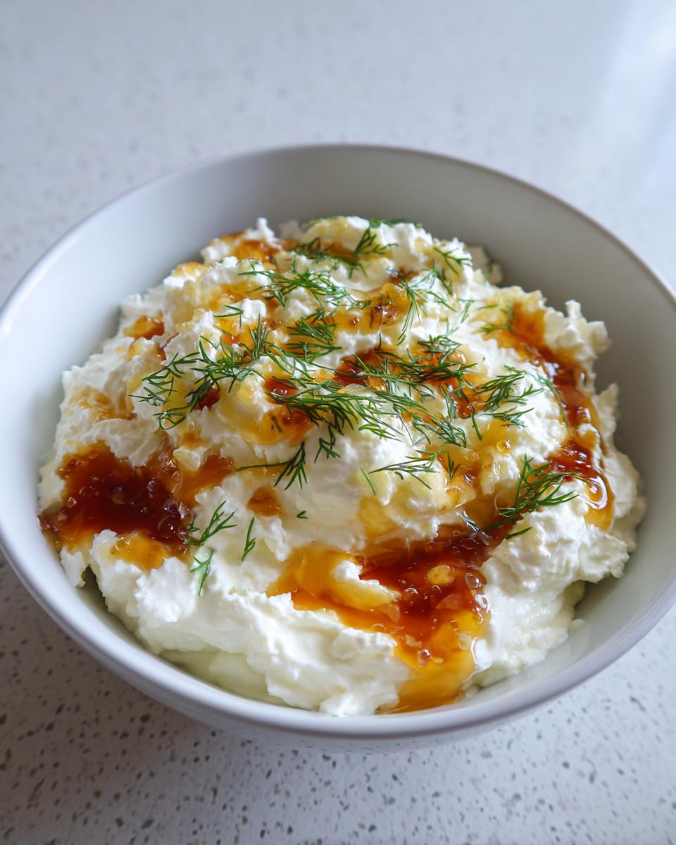 A white bowl filled with creamy whipped feta dip, drizzled with amber honey and topped with fresh dill.