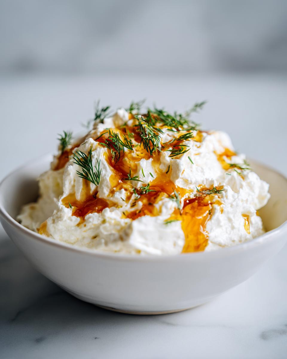 A white bowl filled with fluffy whipped feta dip, drizzled with golden honey and garnished with fresh dill.