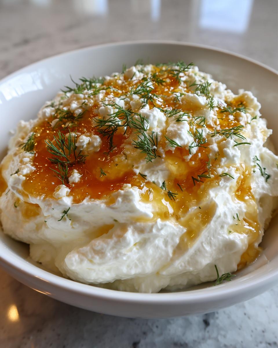 Close-up of a bowl of creamy whipped feta dip topped with crumbled feta, golden honey drizzle, and fresh dill.