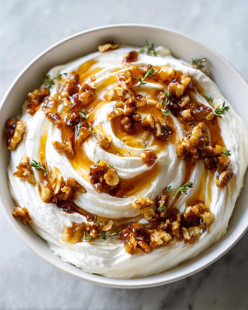 Close-up of a bowl of creamy whipped ricotta dip topped with a swirl of honey, candied walnuts, and fresh thyme sprigs.